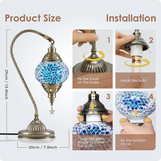 Turkish Moroccan Lamp -  3 Color Options Swan Neck with Bronze Base | Yarra-Decor